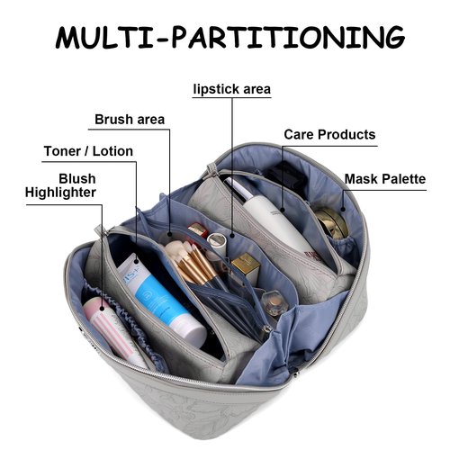 Travel Makeup Bags Cosmetic Organizer Bag: 3-Set Large Capacity Make up Bag - PU Leather Toiletry Bag for Women - Wide Open Portable Pouch with Divider & Handle (03-Grey-1)