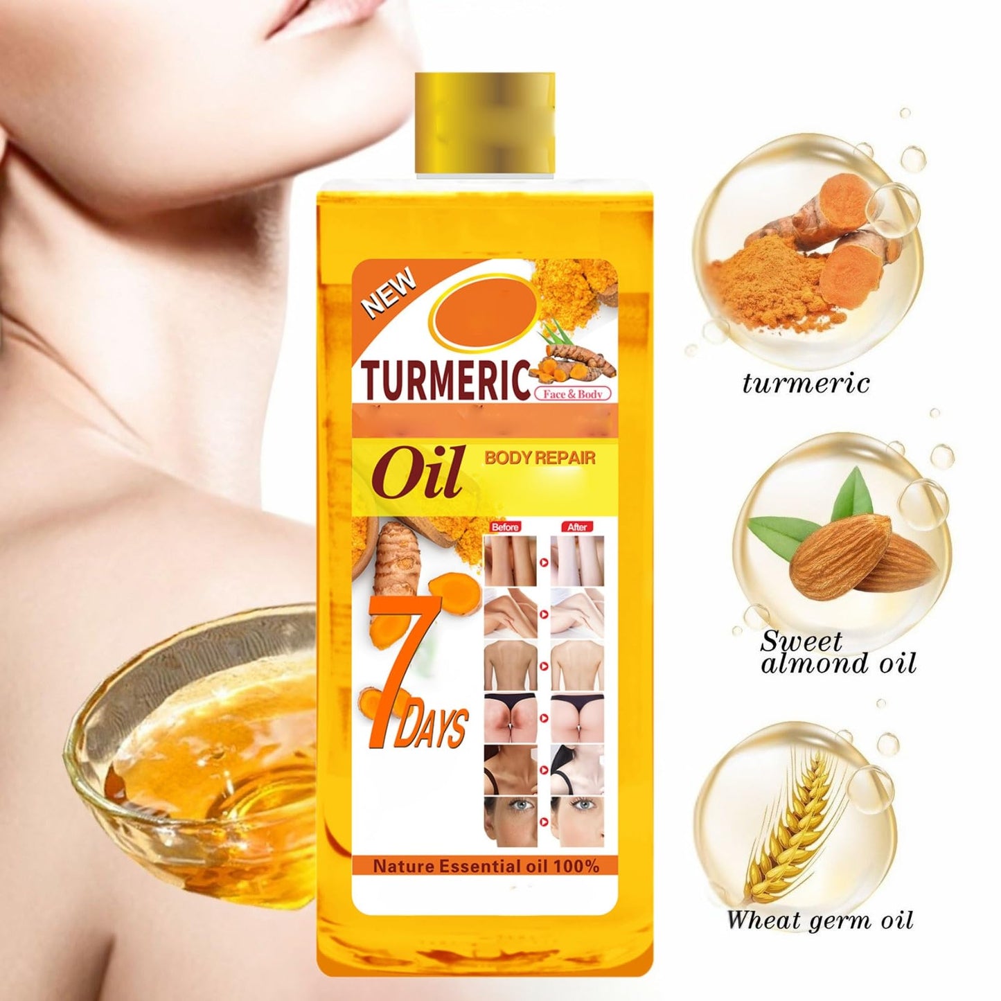 1000ml Turmeric Oil for Skin Brightening - Organic Turmeric Oil for Face - Soft 7 Body Oil, Moisturizing