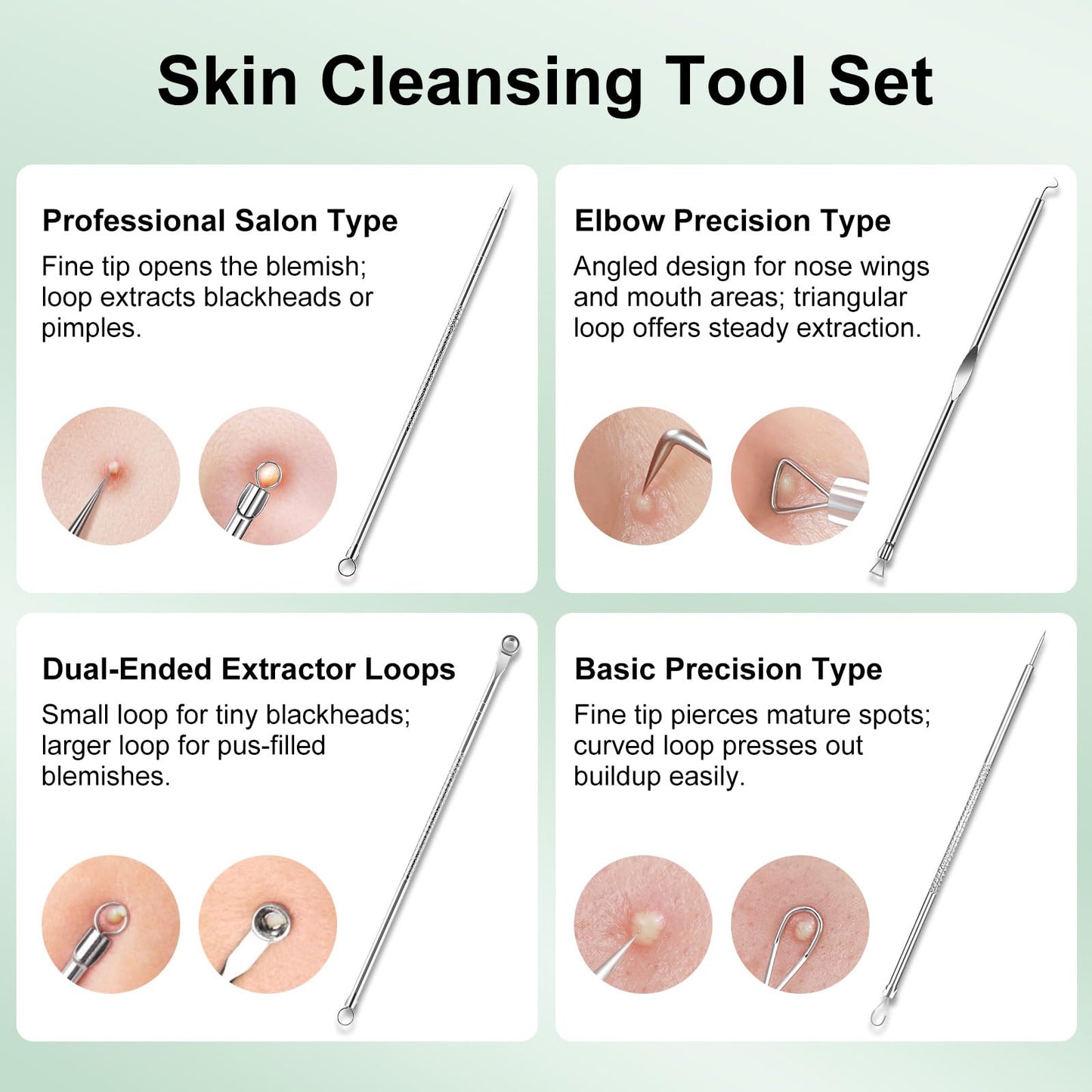 HUGJOG Blackhead Remover Tools for Face, Black Head Remover for Nose, 304 Stainless Steel Pore Extractor Spatula for Deep Pore Cleaning with Soft Silicone Cleansing Brush & 4 Blackhead Needles