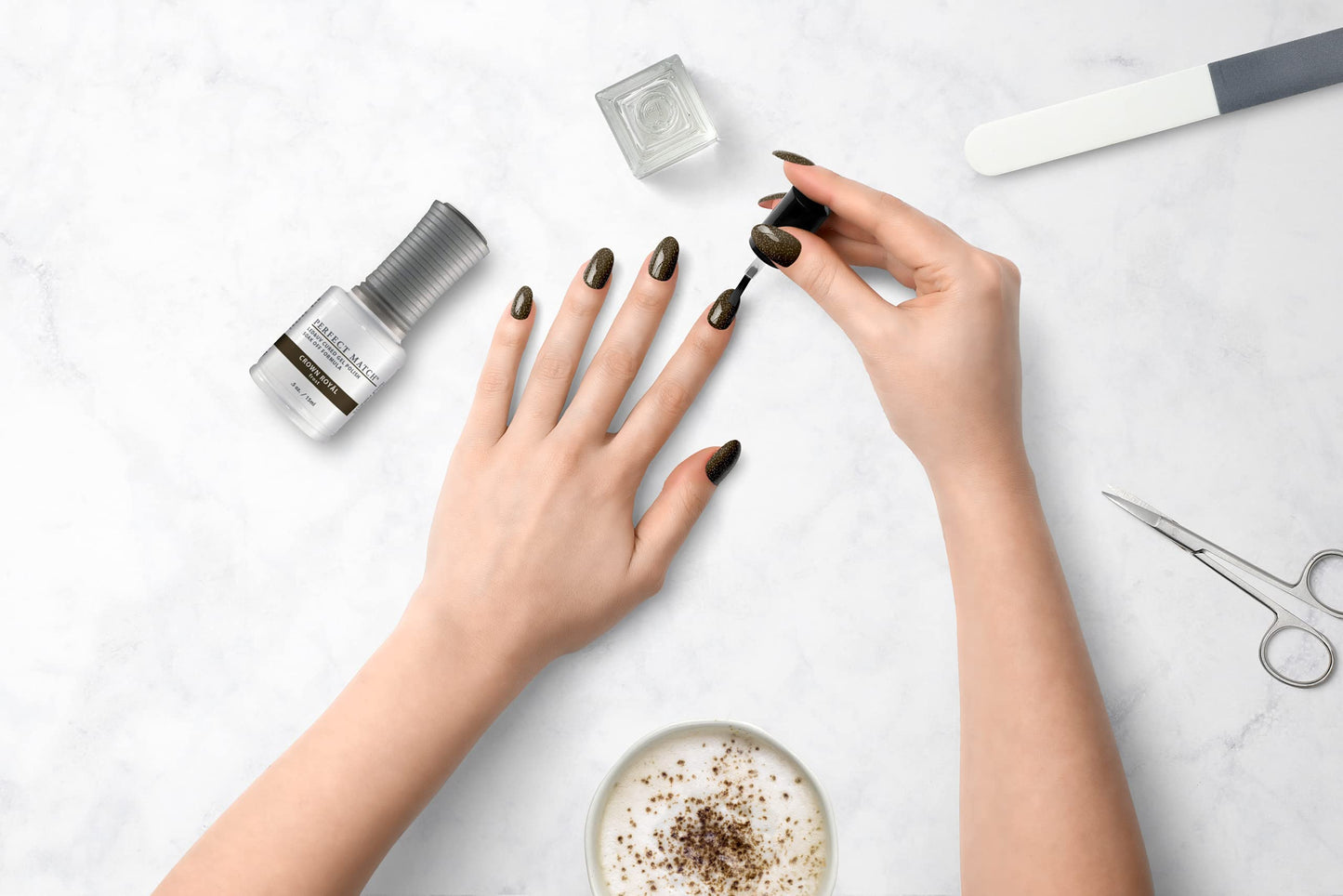 LECHAT - Perfect Match Gel Polish - Crown Royal - Dark Golden Brown with Frost Finish and Fine Gold Glitter - (0.5 Ounce) - Easy Application - Soak Off Formula