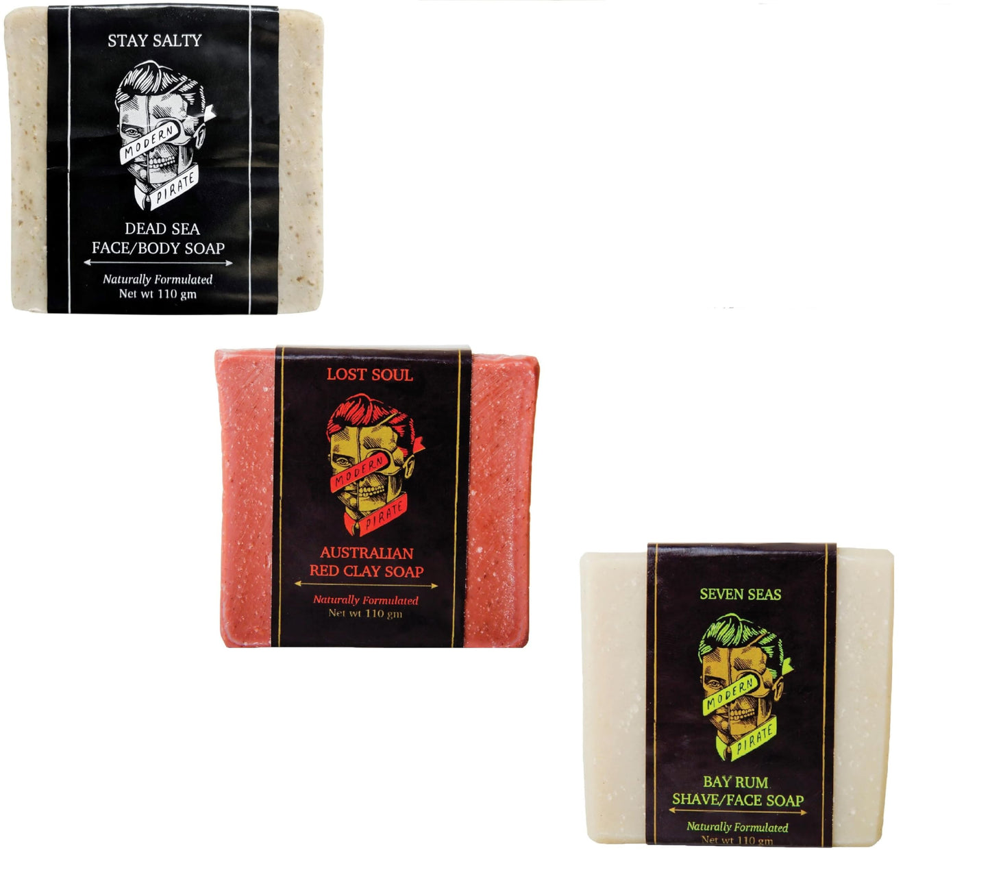 Modern Pirate Face and Body Soap Trio | DEAD SEA, AUSTRALIAN RED CLAY, BAY RUM SHAVE + FACE SOAPS | Smoothes, Mositurizes, Exfoliates | Naturally fortumated 3 x 110 grams bars