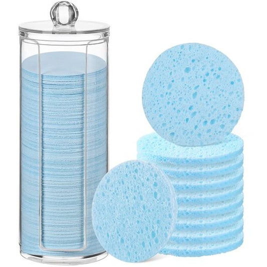 120 Pcs Compressed Facial Sponges Natural Face Exfoliator Disposable Face Sponges for Cleansing Round Soft Facial Scrubber Pads with Storage Container for Makeup Removal Travel (Light Blue)