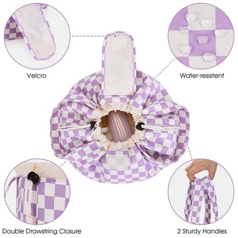 Barrel Drawstring Checkered Makeup Bag Large Cosmetic Bag Make up Bags Toiletry Organizer for Women (Purple Checkerboard) (Patent)