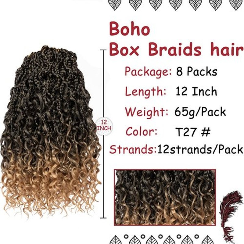 Beverlee Boho Box Braids 8 Packs Goddess Box Braids 12 Inch Bohemian Box Braids Crochet Hair Crochet Box Braids with Curly Ends Pre-looped Synthetic Crochet Hair for Black Women T27#