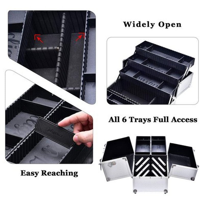 Joligrace Extra Large Makeup Train Case 6 Tray Make Up Artists Organizer Box Lockable Cosmetic Jewelry Toiletries Carrier Crafters Tool Cases with Adjustable Dividers & Shoulder Strap - Silver