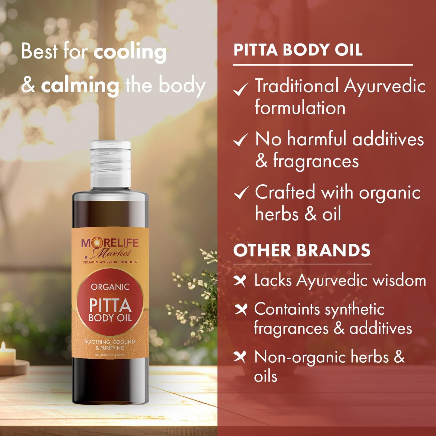 MoreLife Market Pitta Body Oil | Premium Ayurvedic Massage Oil with Organic Neem, Chamomile, Lavender & Cooling Herbs for Sensitive Skin | Soothing & Purifying Daily Ritual – 7 oz Bottle