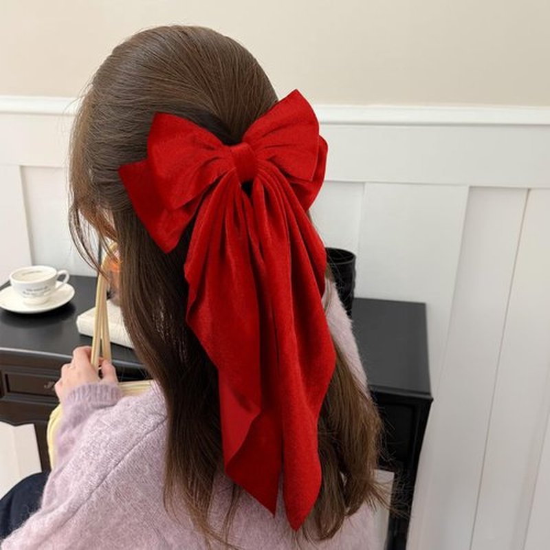 Red Big Long-Tail Velvet Hair Bows French Barrettes Clip for Women Girls Thick Hair,Oversized Aesthetic Xmas Valentines New Year Holiday Party Dress Outfit Decoration Accessories Gift