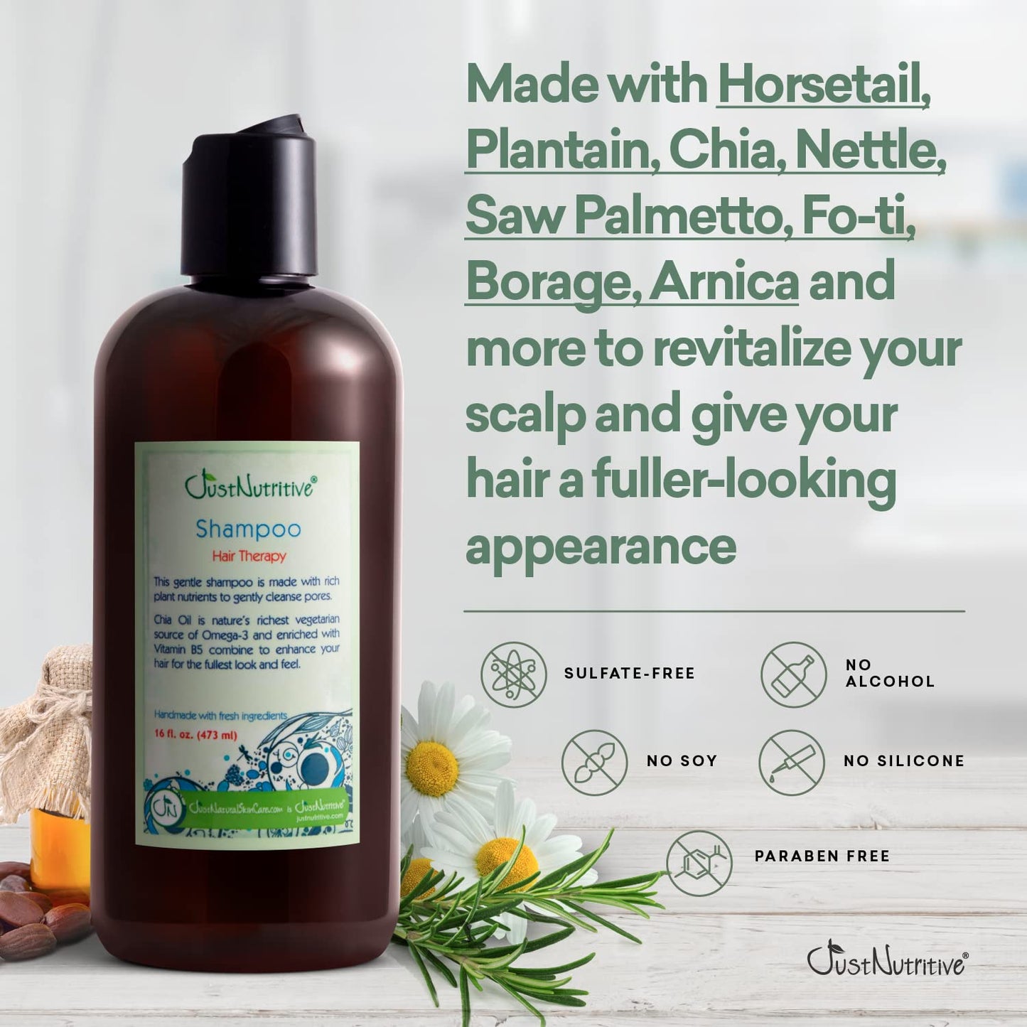 Just Nutritive Hair Loss Shampoo for Thinning Hair, Supports Thicker Fuller Looking Hair, Saw Palmetto Nettle Root Rosemary Oil, Scalp Stimulating, Sulfate Free, Men and Women, 16 oz