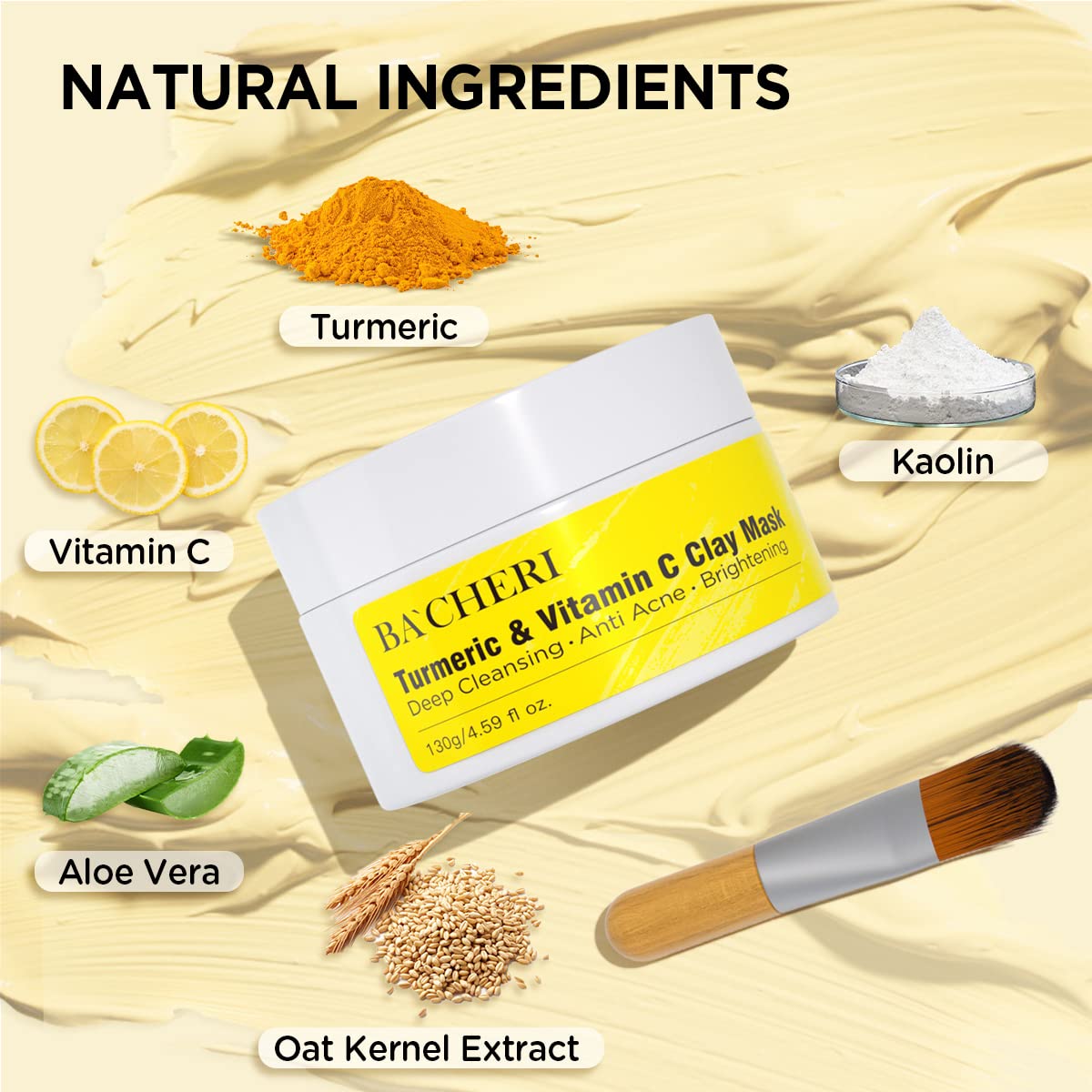 BACHERI Turmeric Vitamin C Clay Mask # 130g, Blackheads Acne Dark Spots Remover with Turmeric Extract, Glowing Skin, Refining Pores and Controlling Oil