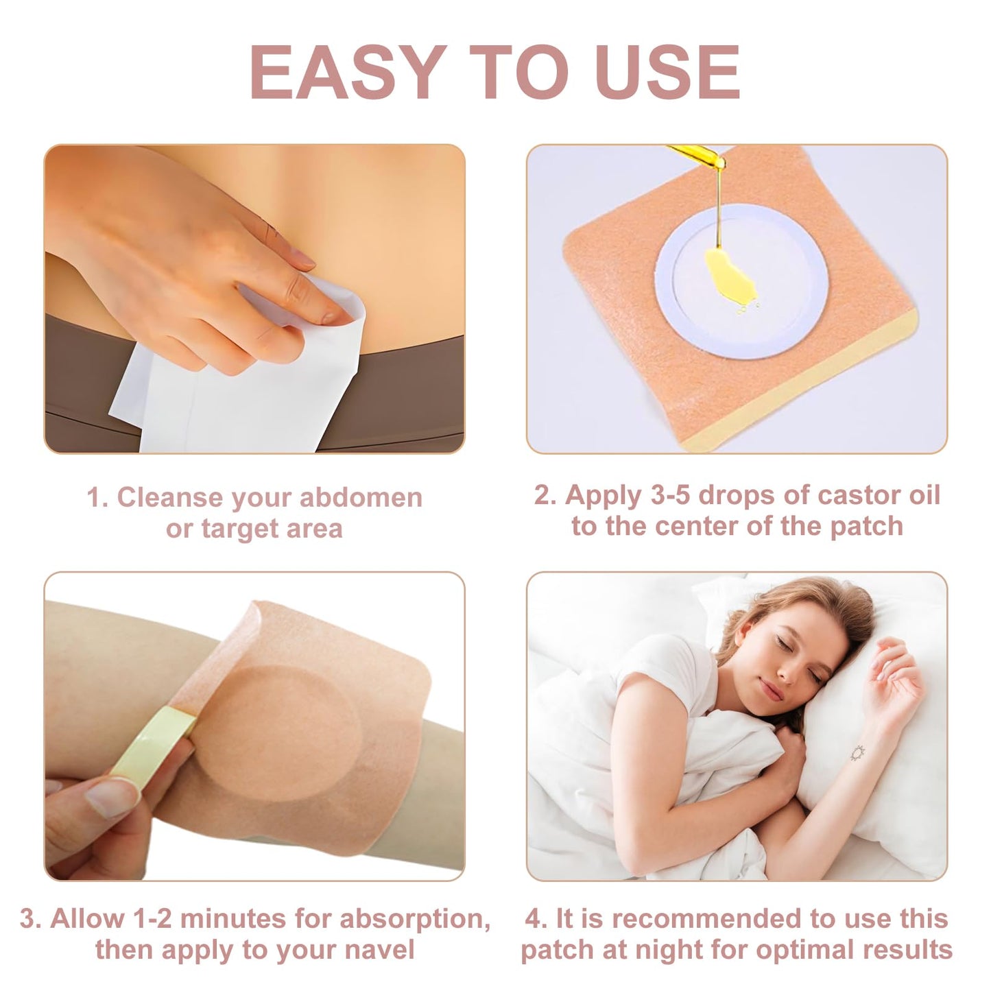 50PCS Castor Oil Patches Square, Carrier Patches for Castor Oil | Medical-Grade Self-Adhesive Pads | Belly Button Patch for Caster Oil, Portable Breathable Anti Leakage Anti-Slip No Wash