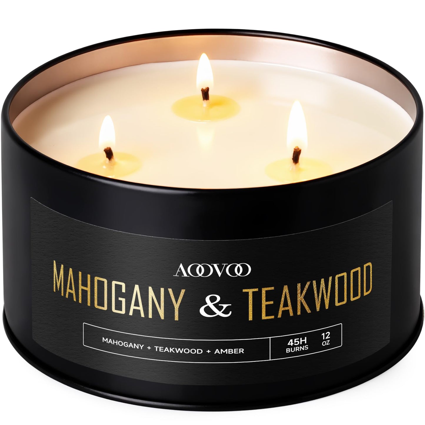 AOOVOO Mahogany Teakwood Candles for Men - 3 Wick 12oz Large Scented Candle, Long Lasting Soy Candles for Home Scented, Strong Fragranced Masculine Black Candle Gift for Father Day, Women & Men