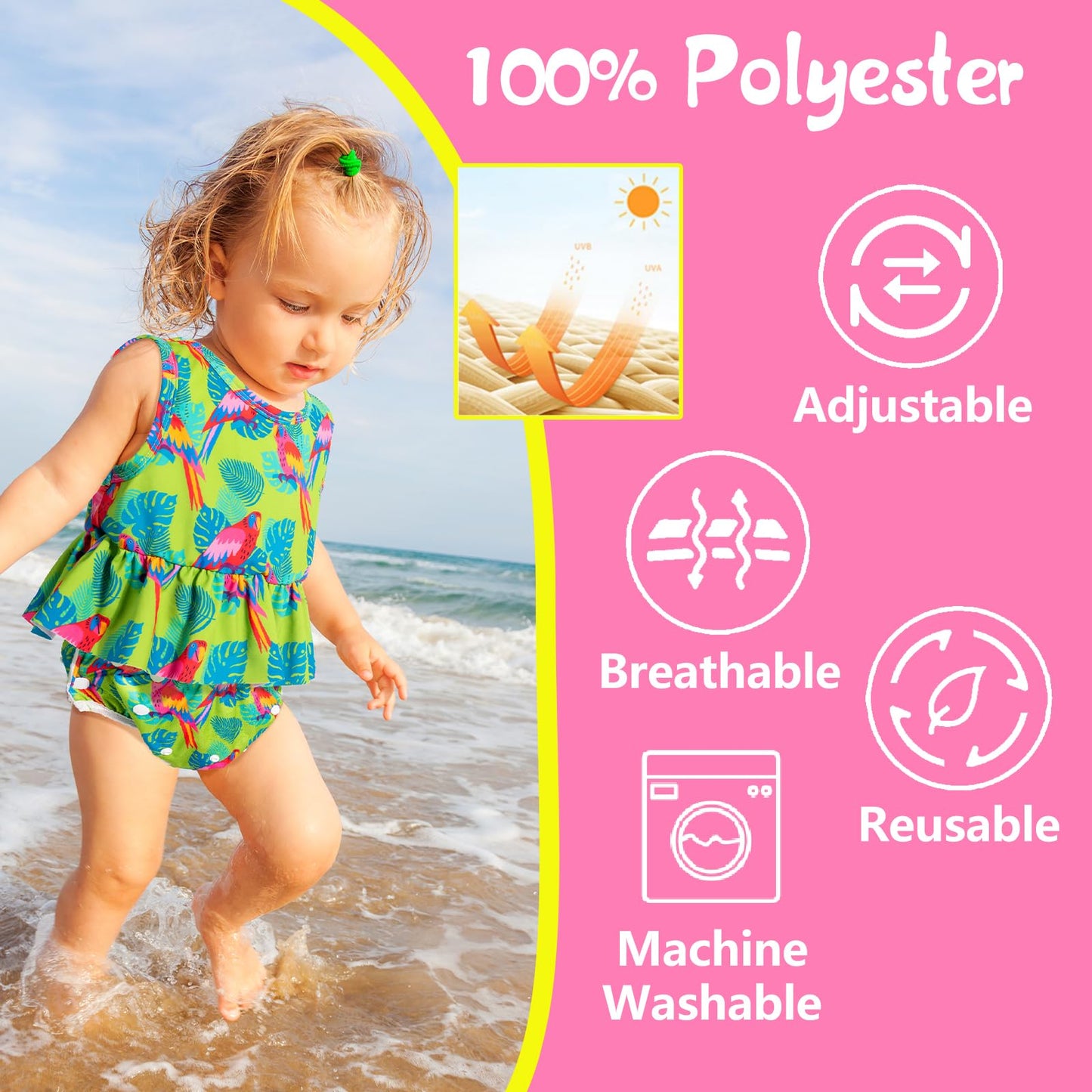 Babygoal Baby Girl and Boy Swim Diapers, Reusable Adjustable Washable One Size Fits 0-8M Baby Gifts and Swimming Lessons 3 Pack 3SD04