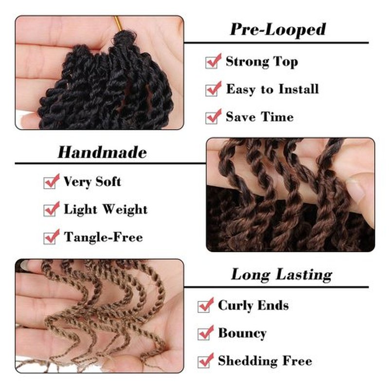 Leeven 6 Inch Short Senegalese Twist Crochet Hair with Curly Ends 8 Packs Ombre Brown to Blonde Pre Looped Small Wavy Hanava Twist 3 Tone Synthetic Crochet Braids for Women Girl Kids