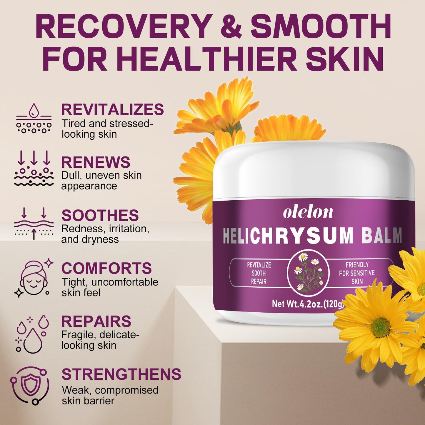 OLELON Helichrysum Balm for Soothes & Repairs – Comforting Care for Thin, Fragile, Bruised & Aging Skin – Deep Restoring for Face and Body – Light Whipped Cream, 4.2 oz