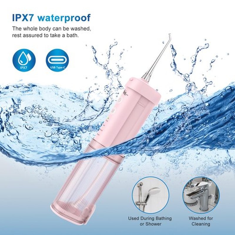 JNGOODS Mini Portable Water Flosser Oral Irrigator Water Teeth Cleaner Pick, Telescopic Water Tank, 4 Modes & IPX7 Waterproof, Home & Travel Water Flossers for Teeth, Braces Bridges Care. (Pink)