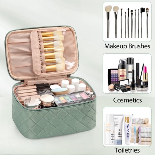 OCHEAL Makeup Bag, Portable Cosmetic Bag, Large Capacity Travel Makeup Case Organizer, Pink Makeup Bags For Women Toiletry Bag for Girls Traveling With Handle and Divider-Green