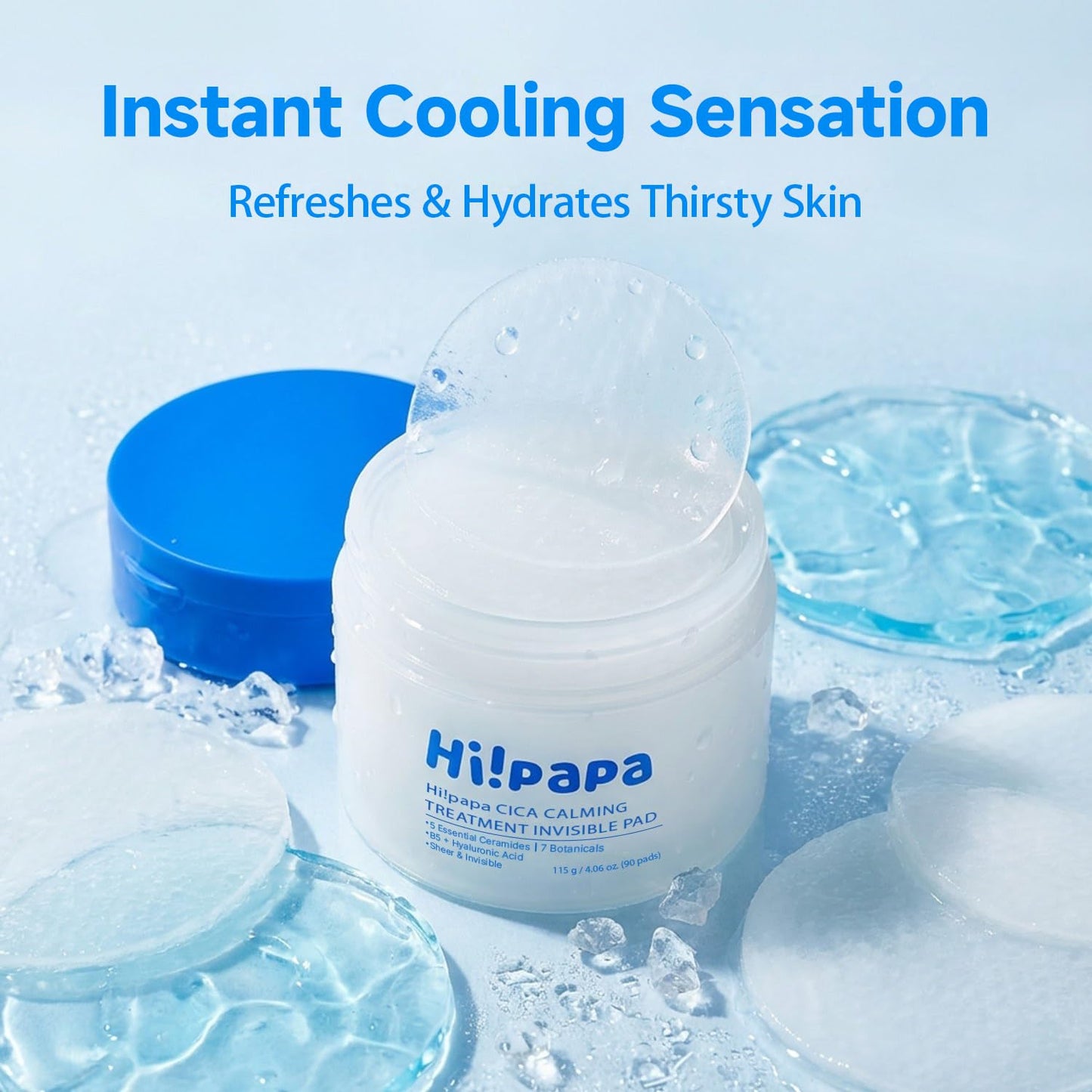 Hi!papa Cooling Gel Toner Pads - Hydrating Hydrogel Face Pads with Centella, Hyaluronic Acid, Ceramide - Soothing Daily Skincare for Sensitive Skin & Teens (90 Pads)