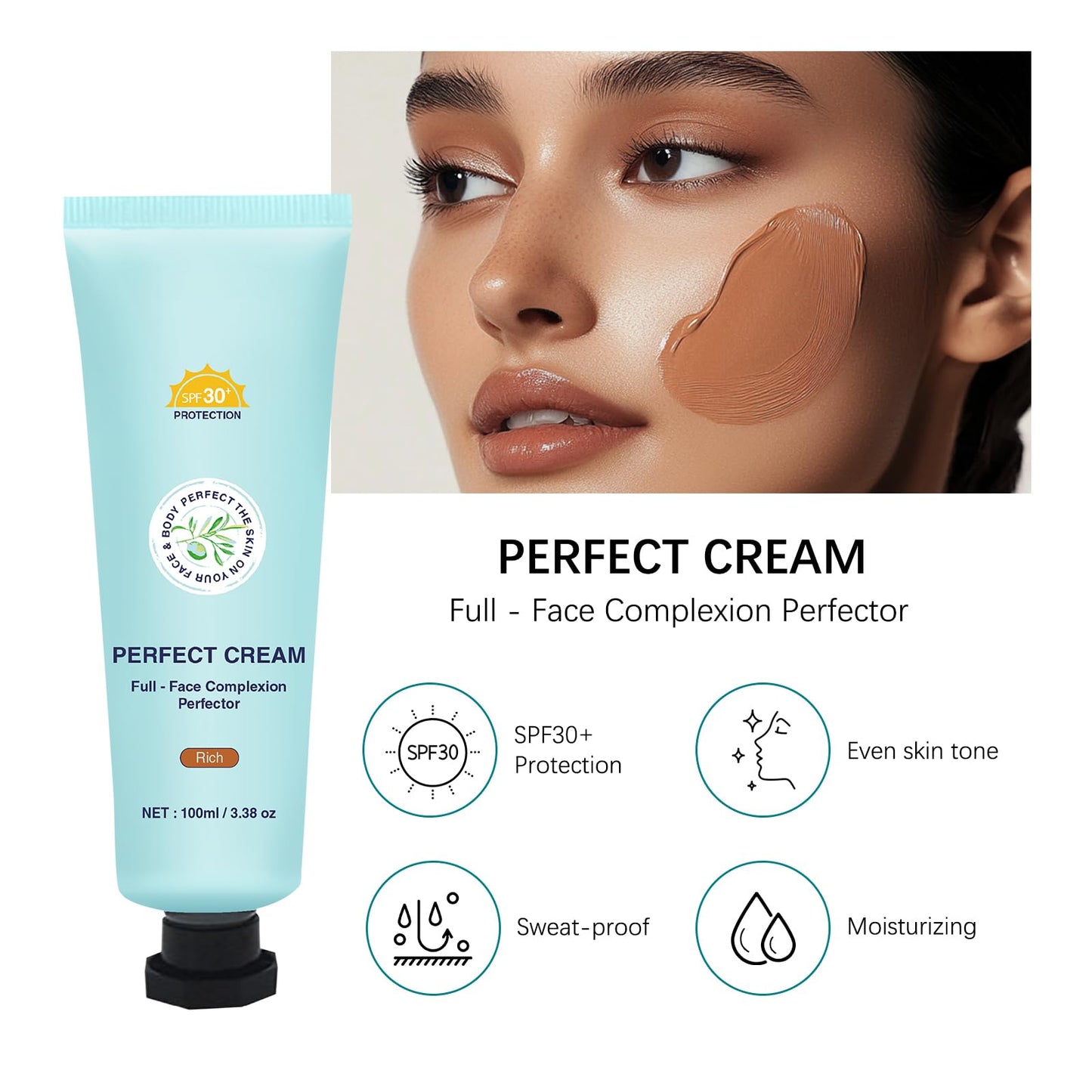 Shimmery Body Coverage Perfector Waterproof CC Cream with SPF 30 - Full Coverage body Makeup with Glow, Transfer-Resistant & Long-Lasting Skin Tint, Broad Spectrum for Face & Body (Rich)