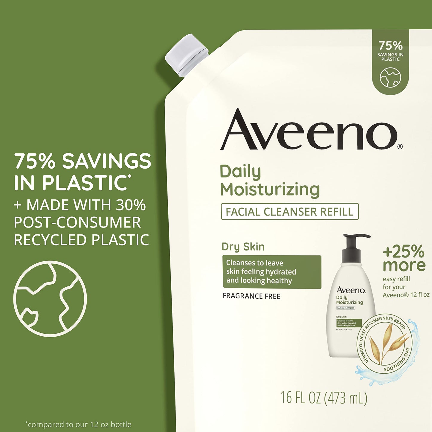 Aveeno Daily Moisturizing Facial Cleanser with Soothing Non-GMO Oat, Leaves Skin Feeling Hydrated, Soft & Supple, Paraben-, Sulfate-, Fragrance-, Dye- & Soap-Free, Refill Pouch, 16 fl. oz (Pack of 3)