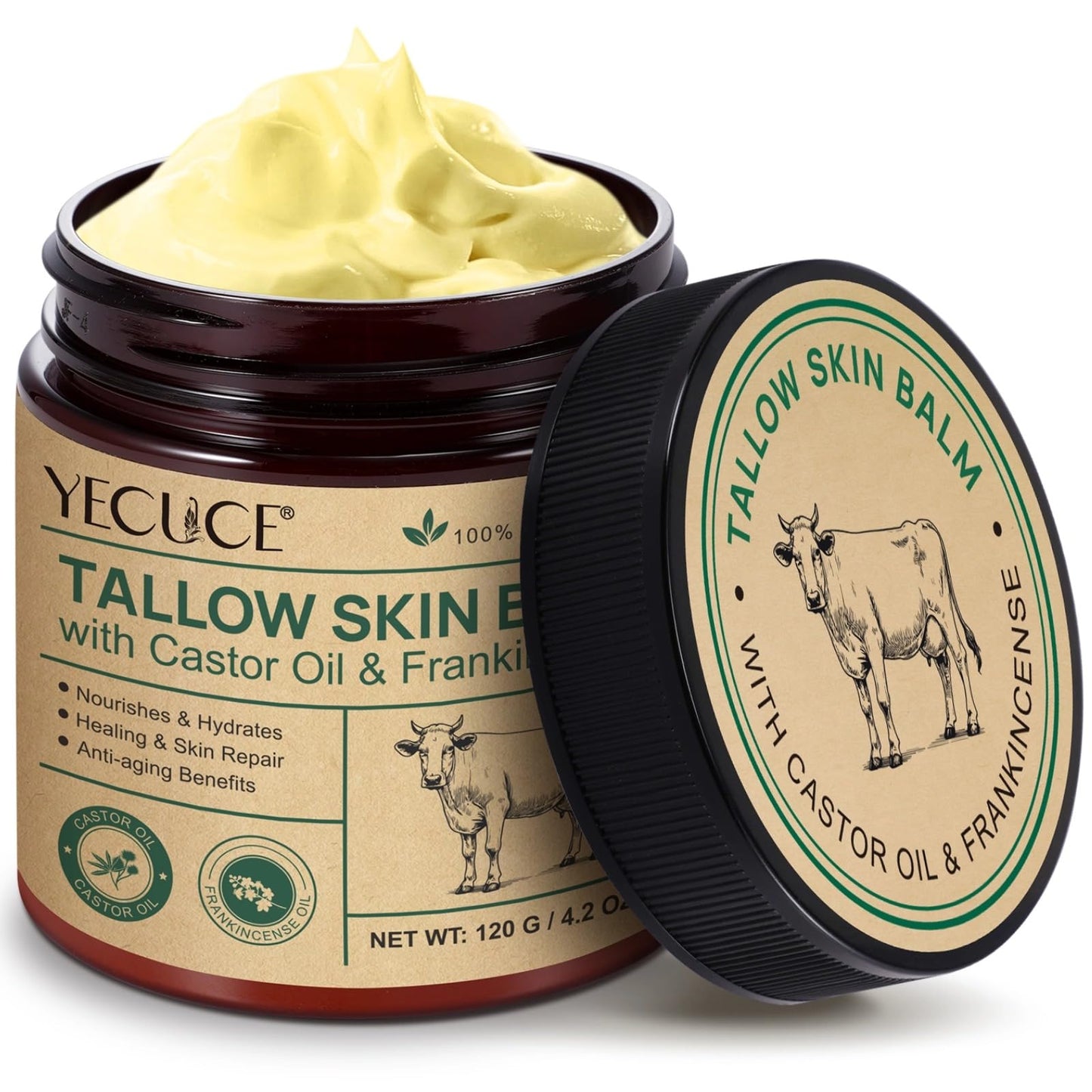 Yecuce Beef Tallow for Skin with Castor Oil and Frankincense, 4.2 oz Grass-Fed Tallow Cream, Face & Body Moisturizer for Dry Skin