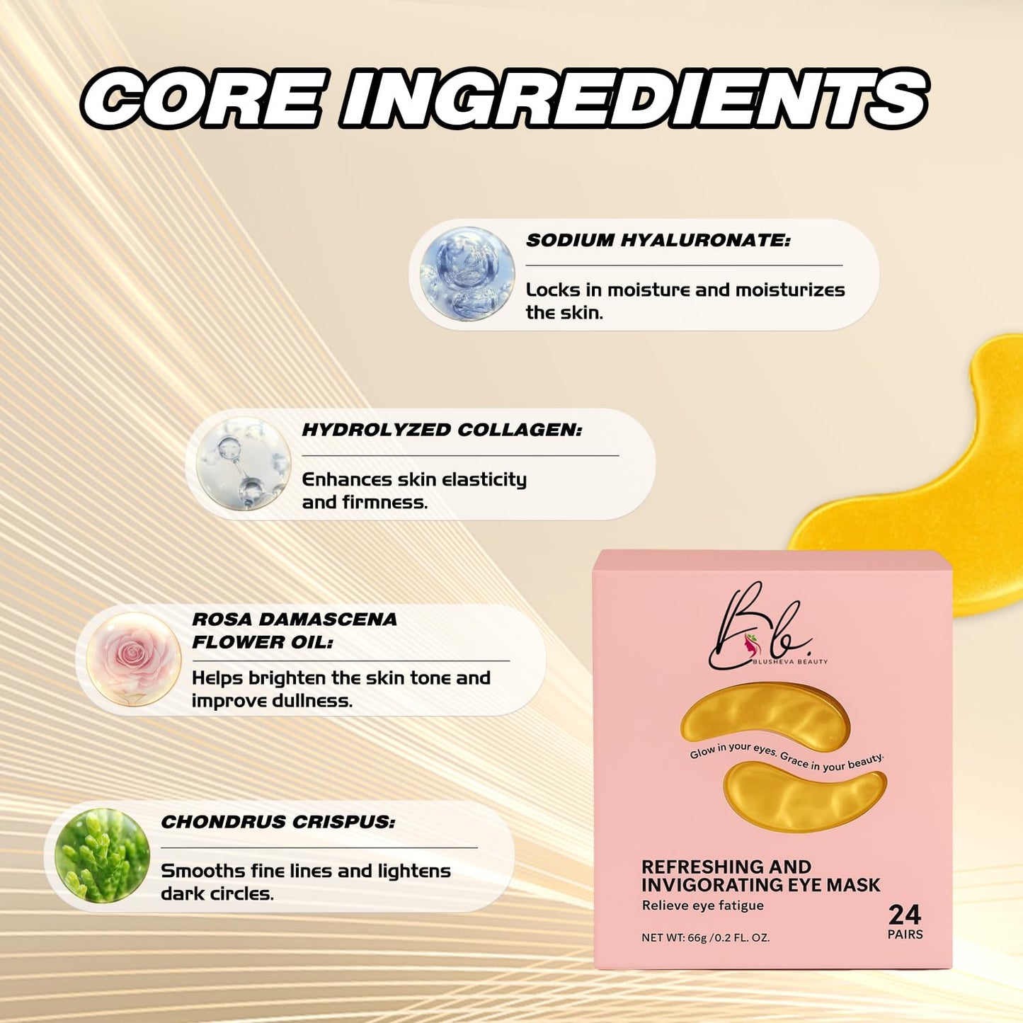 Blusheva Beauty Gold Under Eye Mask 24 Pairs, Collagen Eye Patches, Undereye Mask Patches Eye Masks for Dark Circles and Puffiness, Eye Patches for Puffy Eyes and Dark Circles, Vegan Cruelty Free