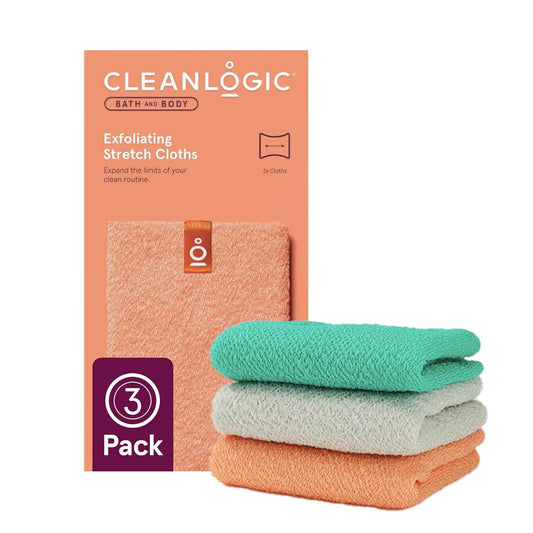 Cleanlogic Body Exfoliating Cloth, Stretchy Organic Sustainable Cotton Exfoliator Bath and Shower Washcloths, Reusable Daily Skincare Tool, 3 Count