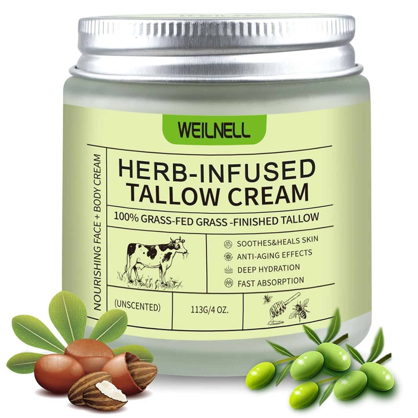 WEILNELL Beef Tallow for Skin, Tallow Face Moisturizer (4 Oz), Organic Grass Fed Beef Tallow Blam, Natural Moisturizer Hydrating Beef Tallow Cream, Deeply Moisturizing for Face & Body Skincare