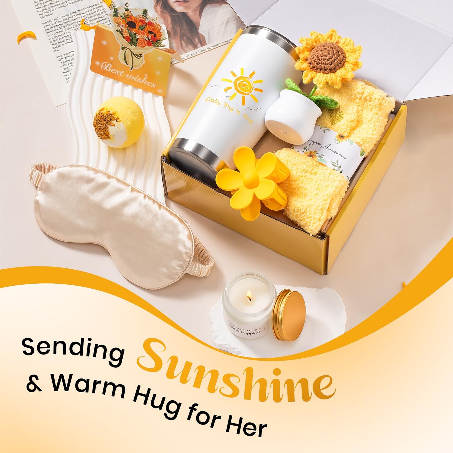 Sunflower Birthday Gifts for Women, 9 Pcs Get Well Soon Gift Baskets, Inspirational Sunflower Self Care Package Thank You Gift with Spa Gift Set, Thinking of You Unique Gifts for Women