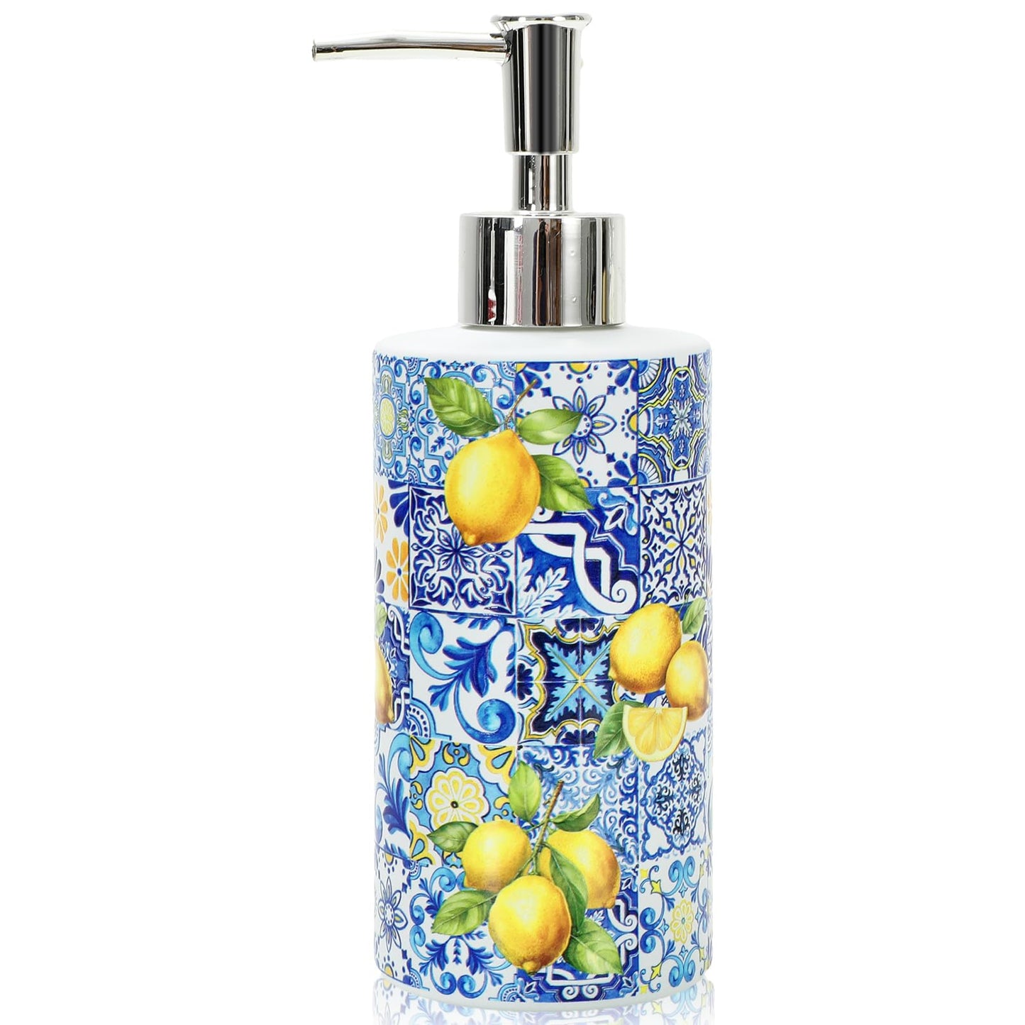 JarThenaAMCS Capri Lemon Soap Dispenser Blue Tile Yellow Lemon Glass Dispenser with Pump Refillable Liquid Soap Container for Summer Home Kitchen Bathroom Countertop