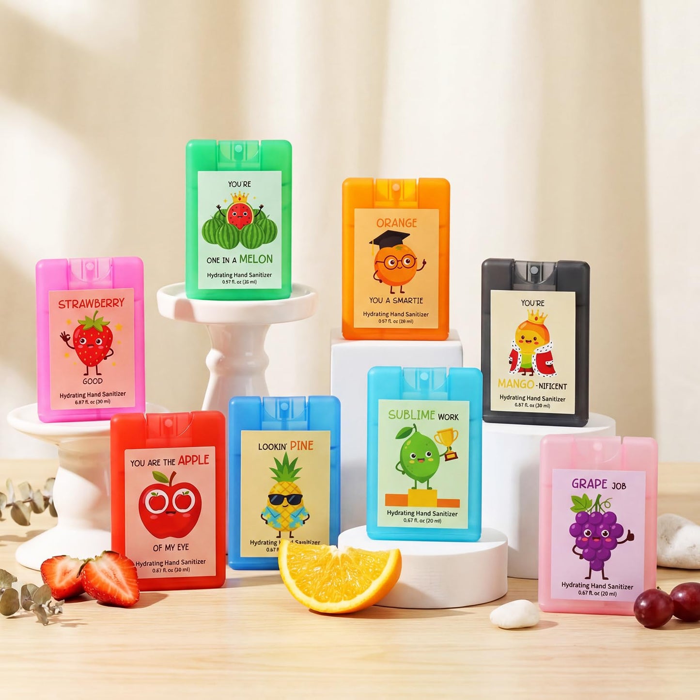 Frienda 24 Pack Graduation Party Favors Positive Hand Sanitizer Spray Bulk Portable Travel Size Mist Hydrating with Scented Essential Oils Mini Pun Motivational Gift for Women Teacher Employee, 0.67fl
