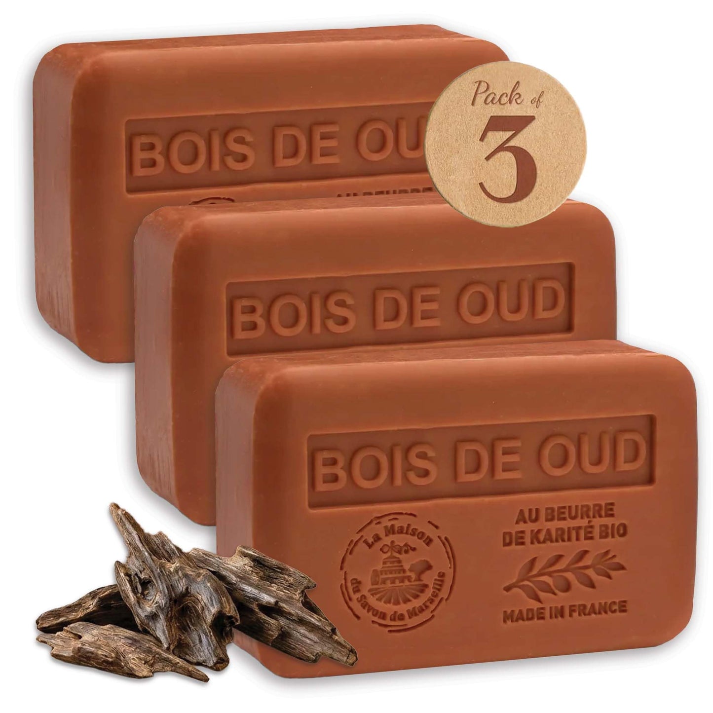 Oud Wood Soap Bars 3xPack - Enriched With Organic Shea Butter - 97% Natural Ingredients - Traditional French Milled Bar Soap Made in Provence - Gentle For Skin - 3x8.8 oz - La Maison Du Savon