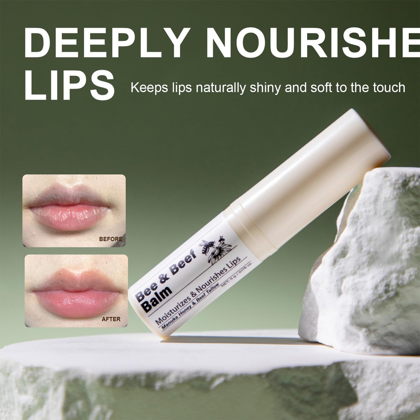 Lip Balm - Natural Beeswax and Grass-Fed Beef Tallow, Moisturizing Tallow Bee Balm Tint-Free with Squalane, Vitamin E, Jojoba Seed Oil,and All-Day Moisture Lip Care, 2 Tubes, Net 10g, 0.35 oz