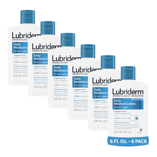 Lubriderm Fragrance Free Daily Moisture Lotion + Pro-Ceramide, Shea Butter & Glycerin, Face, Hand & Body Lotion for Sensitive Skin, Hydrating Lotion for Healthier-Looking Skin, 6 fl. oz, 6 Pack