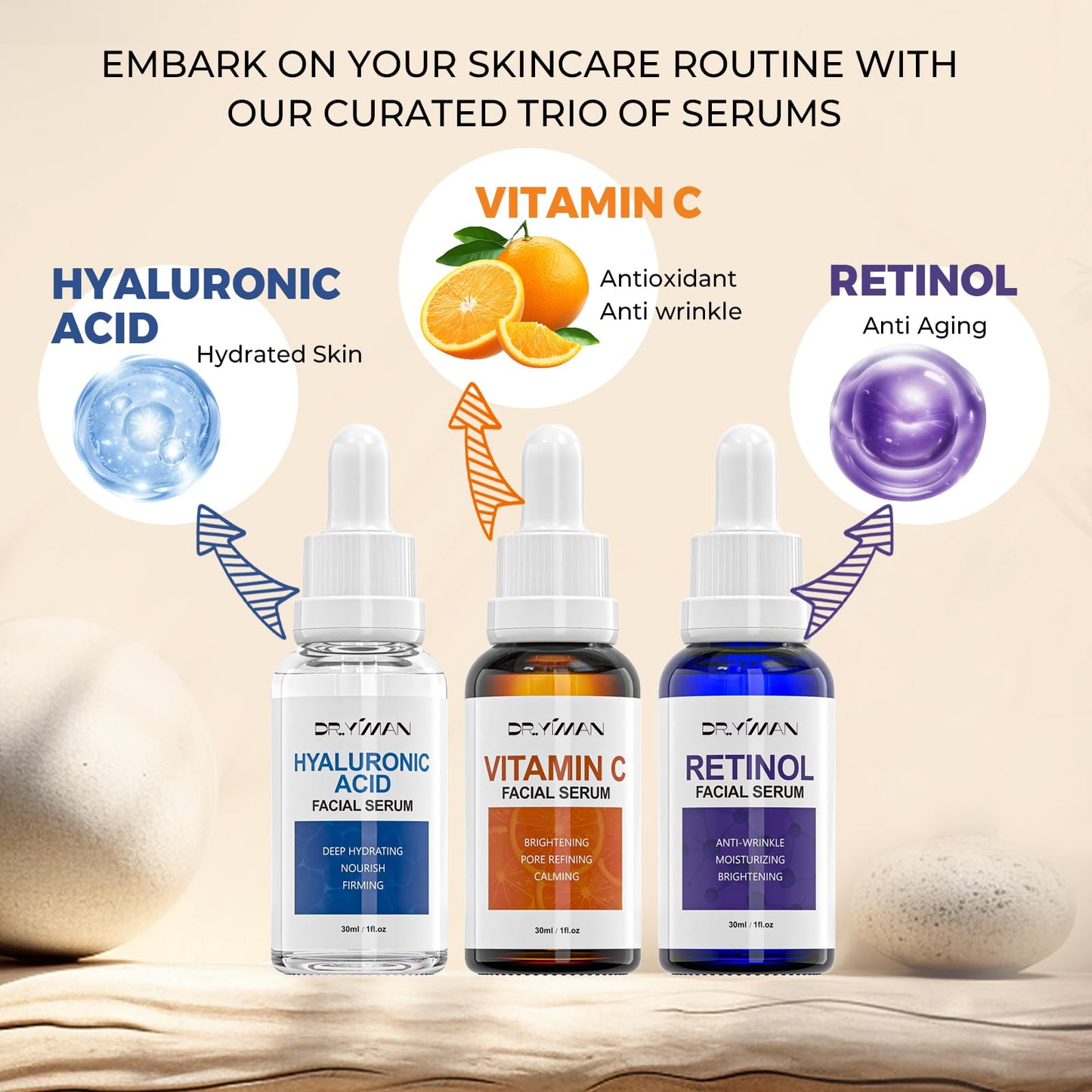 Anti-Aging Facial Serum Set - Vitamin C, Retinol & Hyaluronic Acid Serum Set for Skin Radiance and Moisture, 1 Fl Oz (Pack of 3)