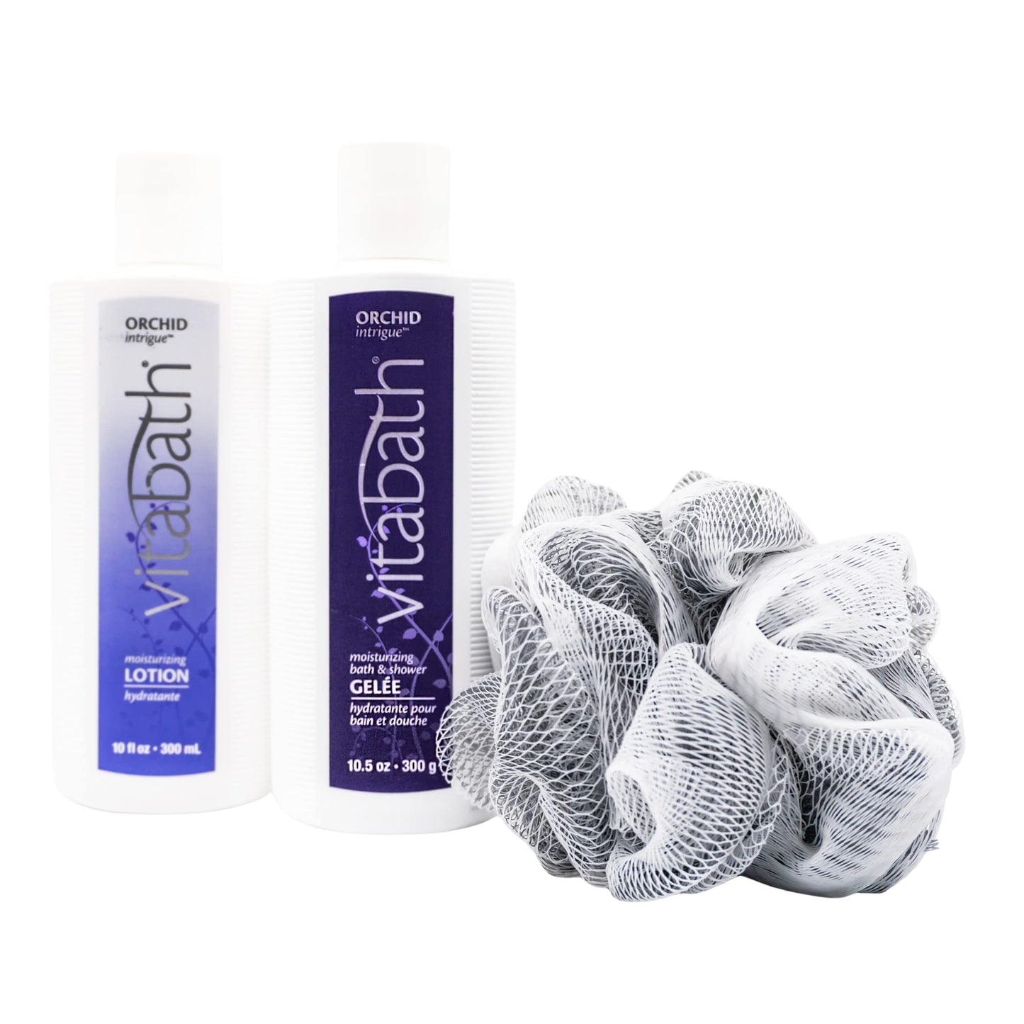 Vitabath Orchid Intrigue Everyday Skincare Set Moisturizing Shower Gel Wash, Reviving Lotion & Exfoliating Body Scrubber Pouf - Alluring Foam Cleanser & Dry Skin Hydration for Women & Men