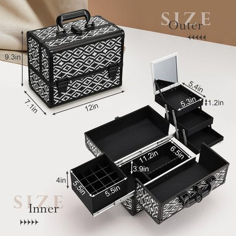 Joligrace Makeup Train Case Organizer Box Professional Multi-Purpose Cosmetic Storage with Sliding Trays, Polish Slots & Mirror, Portable Lockable with Keys, Geometric