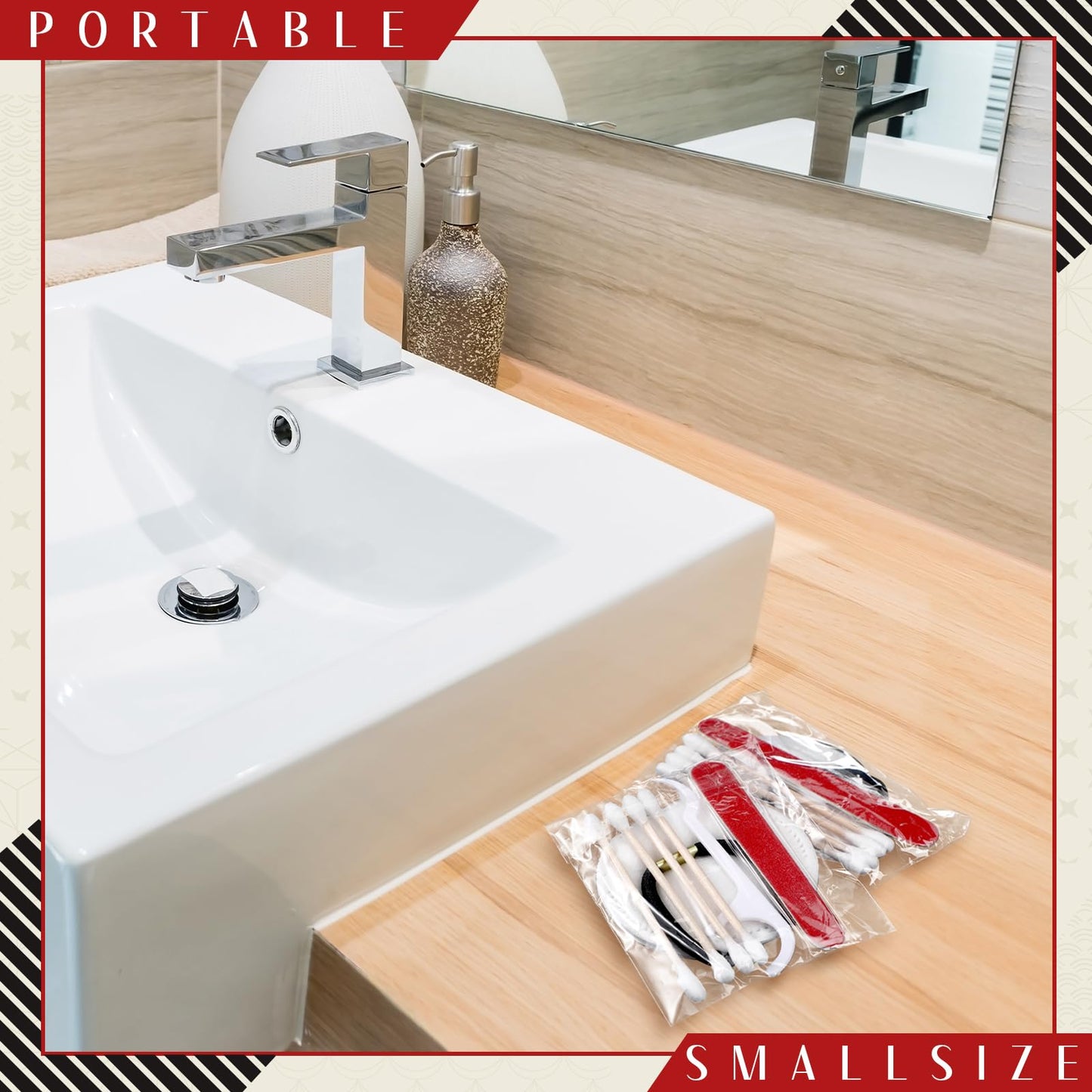 Tondiamo 100 Set Hotel Vanity Kit Individually Wrapped Travel Size Hotel Hospitality Kit Include Disposable Cotton Pads, Cotton Swabs, Hair Tie, Nail File, Dental Floss for Motels Toiletries