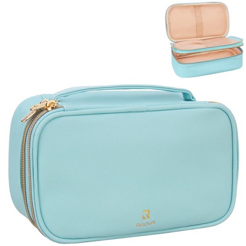 Relavel Small Makeup Bag, Travel Makeup Organizer, 2 layers Cosmetic Bag with Makeup Brush Holder, Compact Makeup Pouch for Women, Waterproof Toiletry Bag for Daily use(Light Blue)