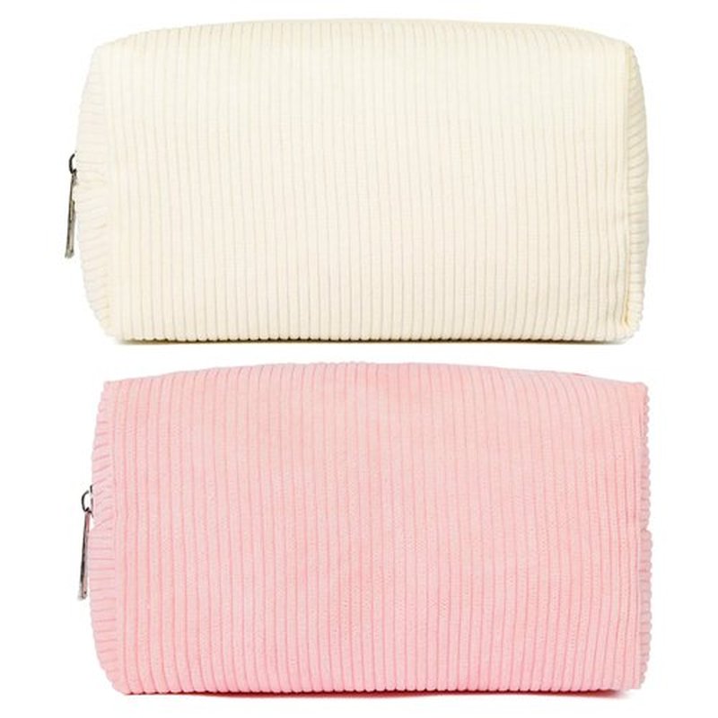 SOIDRAM 2 Pieces Makeup Bag Corduroy Cosmetic Bag White Pink Makeup Pouch Travel Toiletry Bag Organizer Cute Makeup Brushes Storage Bag for Women