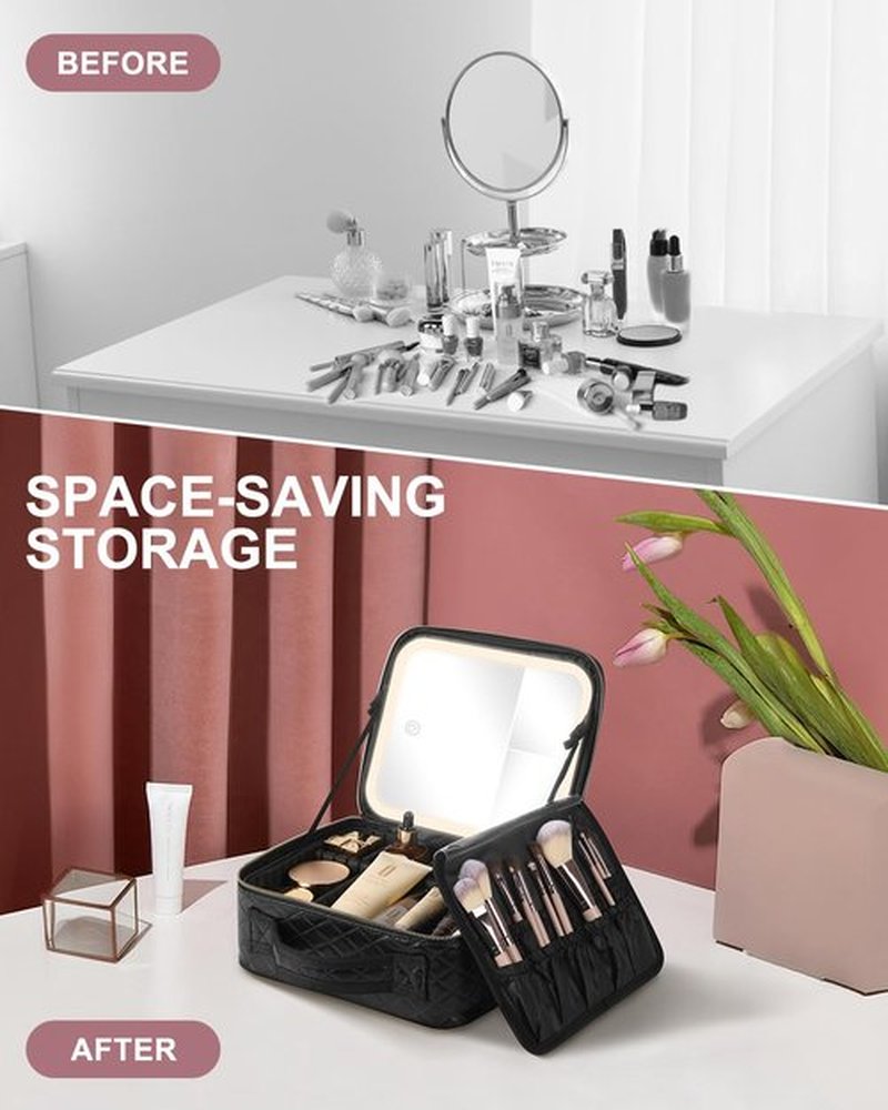 MAYFIY Makeup Bag with LED Mirror and Travel Makeup Train Case Cosmetic Organiser with 2X3X Magnifying Mirror and Separate Makeup Brush Panel, Portable Adjustable Divider Storage Bag, Black