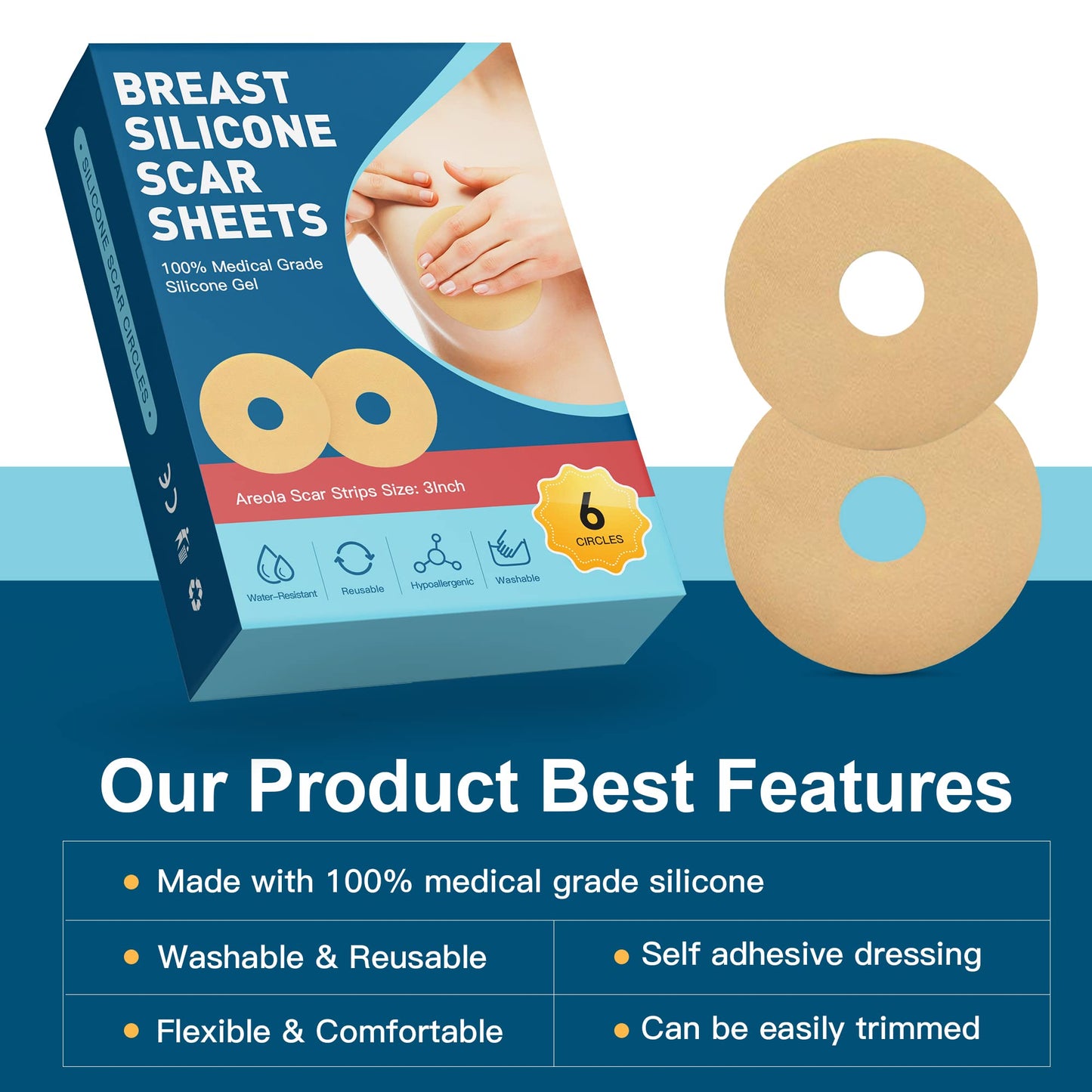 Breast Silicone Scar Sheets, Silicone Scar Removal Sheets for Breast 6 Pack