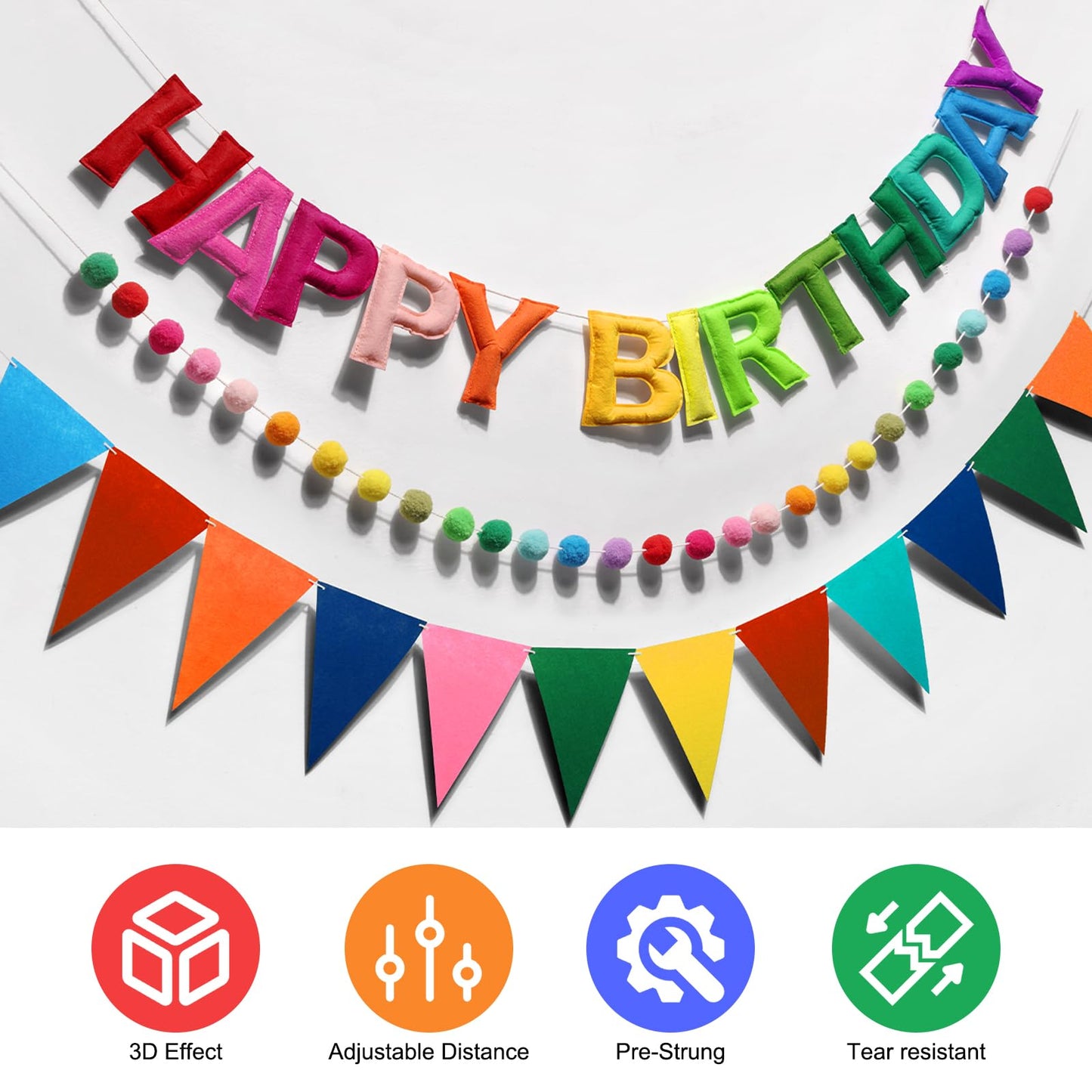 Danadia Rainbow 3D Happy Birthday Banner, Pre-Strung Felt Party Decorations