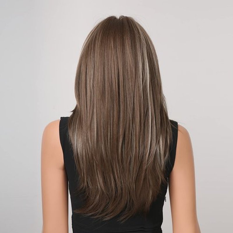 MAGQOO Brown Highlights Wig for Women Brown Blonde Layered Wig Long Brown Highlighted Wig with Bangs Synthetic Heat Resistant with Wig Cap