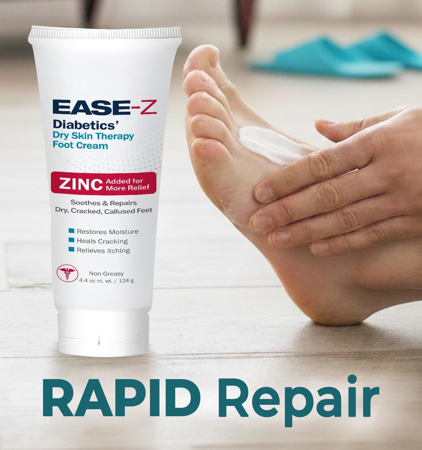 EASE-Z Diabetic Foot Cream. Clinically Proven Ingredients and ZINC Relieve Dry, Cracked, Callused Feet and Hands. Soothes Pain and Burning. Shea Butter moisturizes. Fast-Acting, Long-Lasting. 4.4 oz.