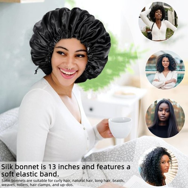 Satin Bonnet Silk Bonnet for Curly Hair Bonnet Braid Bonnet for Sleeping Bonnets for Women Large Double-Layer Adjustable(Black&Champagne)