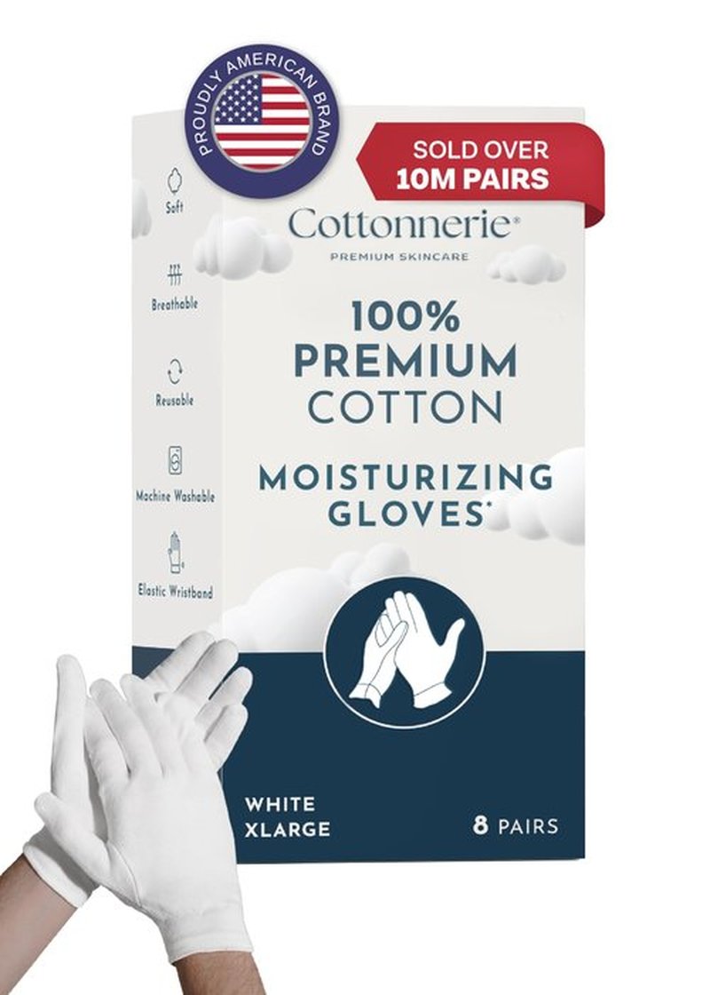 Gaxcoo Cottonnerie X-Large 8 Pairs Cotton Moisturizing Gloves for Dry Hands & Eczema, Overnight Lotion & Spa Treatment for Women & Men, Reusable, Free Washing Bag