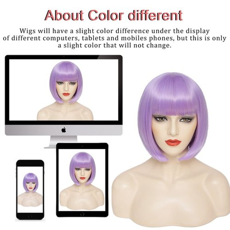 YBYMCAI Purple Bob Wig With Bangs Short Light Purple Bob Wigs For Women Lavender Straight Bob Bangs Wig 10 Inch Heat Resistant Synthetic Hair Natural Looking For Daily
