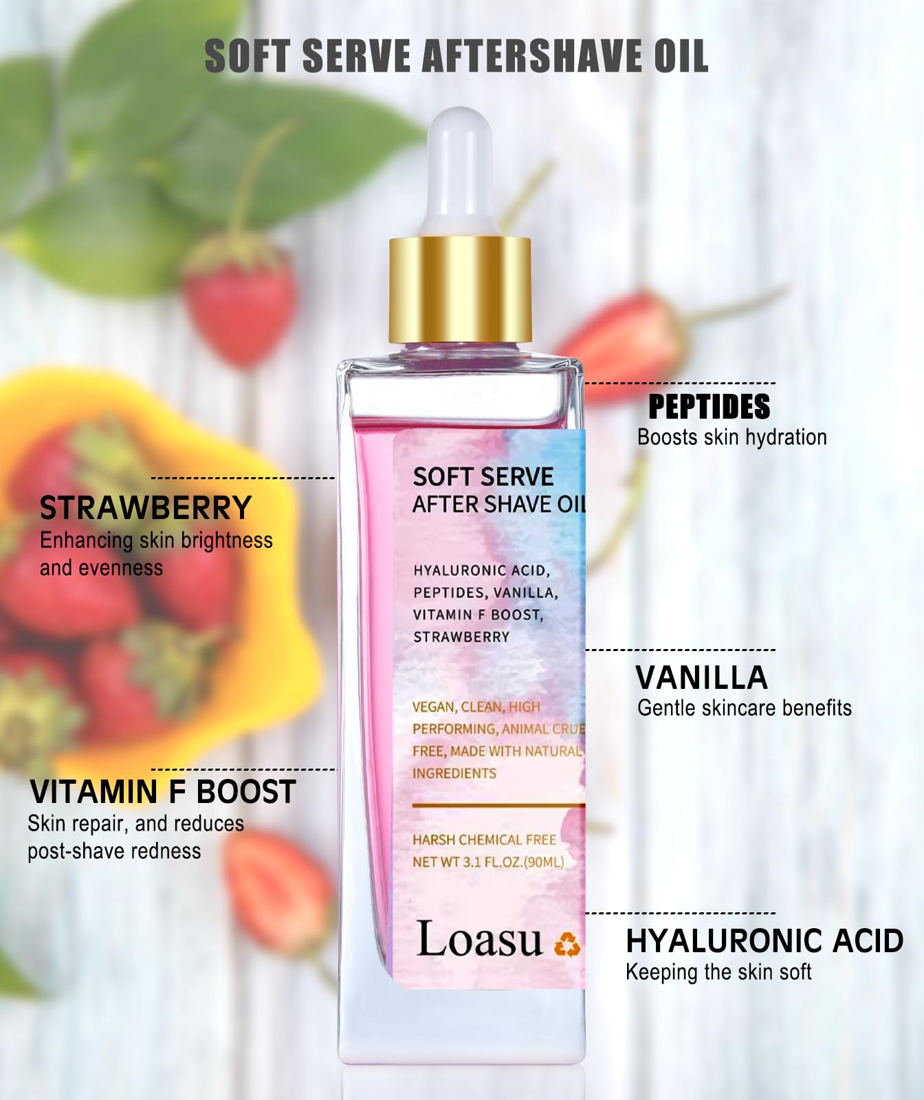Loasu After Shave Oil for Women, Soft Serve After Shave Oil Strawberry & Vanilla Scent for Smooth Skin, Soothes, Hydrates & Prevents Ingrown Hairs