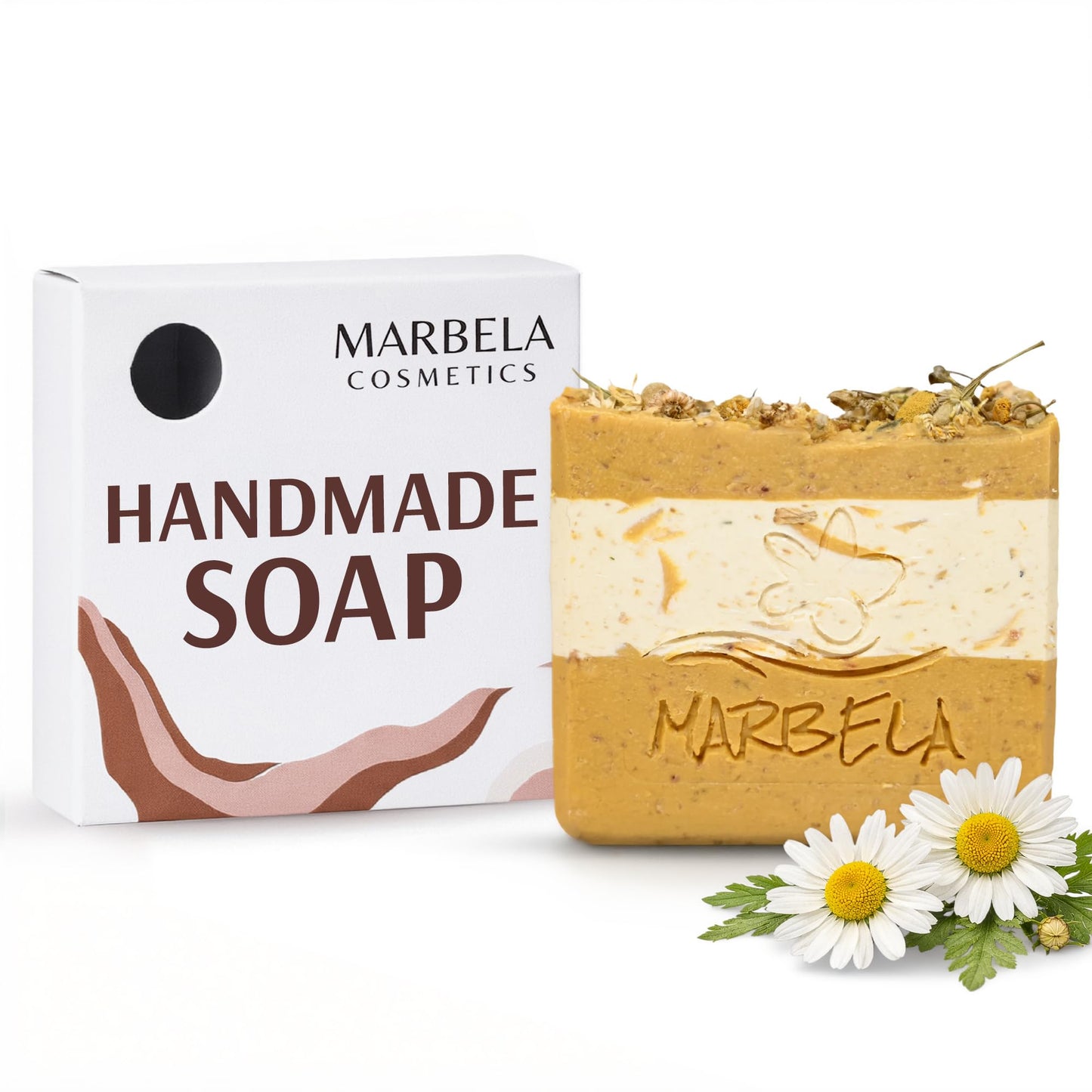 Marbela Cosmetics Handmade Soap Bar - Made in USA, Vegan Friendly, Palm Oil Free, Natural Bar Soap - Face & Body Soap for Daily Skin Care, Moisturizing & Nourishing - 3.5 oz (Chamomile Sunset)