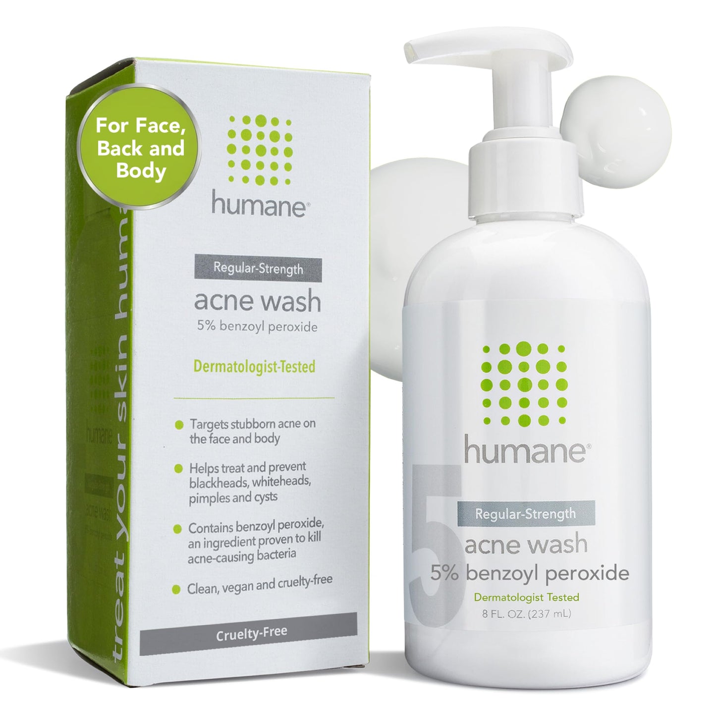 humane Benzoyl Peroxide Face Wash - 5% Regular-Strength Acne Face Wash For Skin, Back & Body - 8 Fl Oz - Dermatologist-Tested Non-Foaming Cleanser - Benzoyl Peroxide Acne Treatment - Cruelty-Free